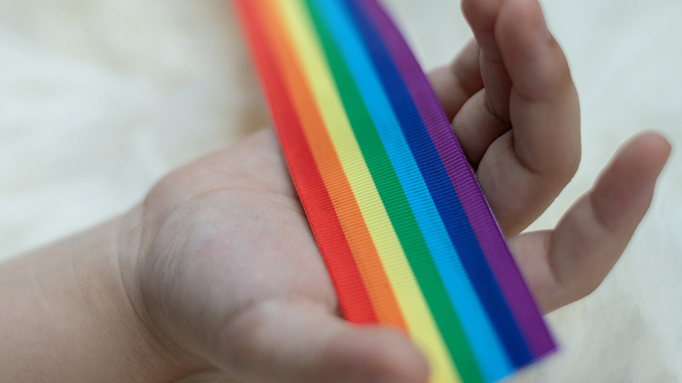 Regenbogenflagge liegt in einer Hand. Fortbildung zu LGBTIQ* (lesbian, gay, bisexual, transgender, inter, queer) sensible Psychotherapie.